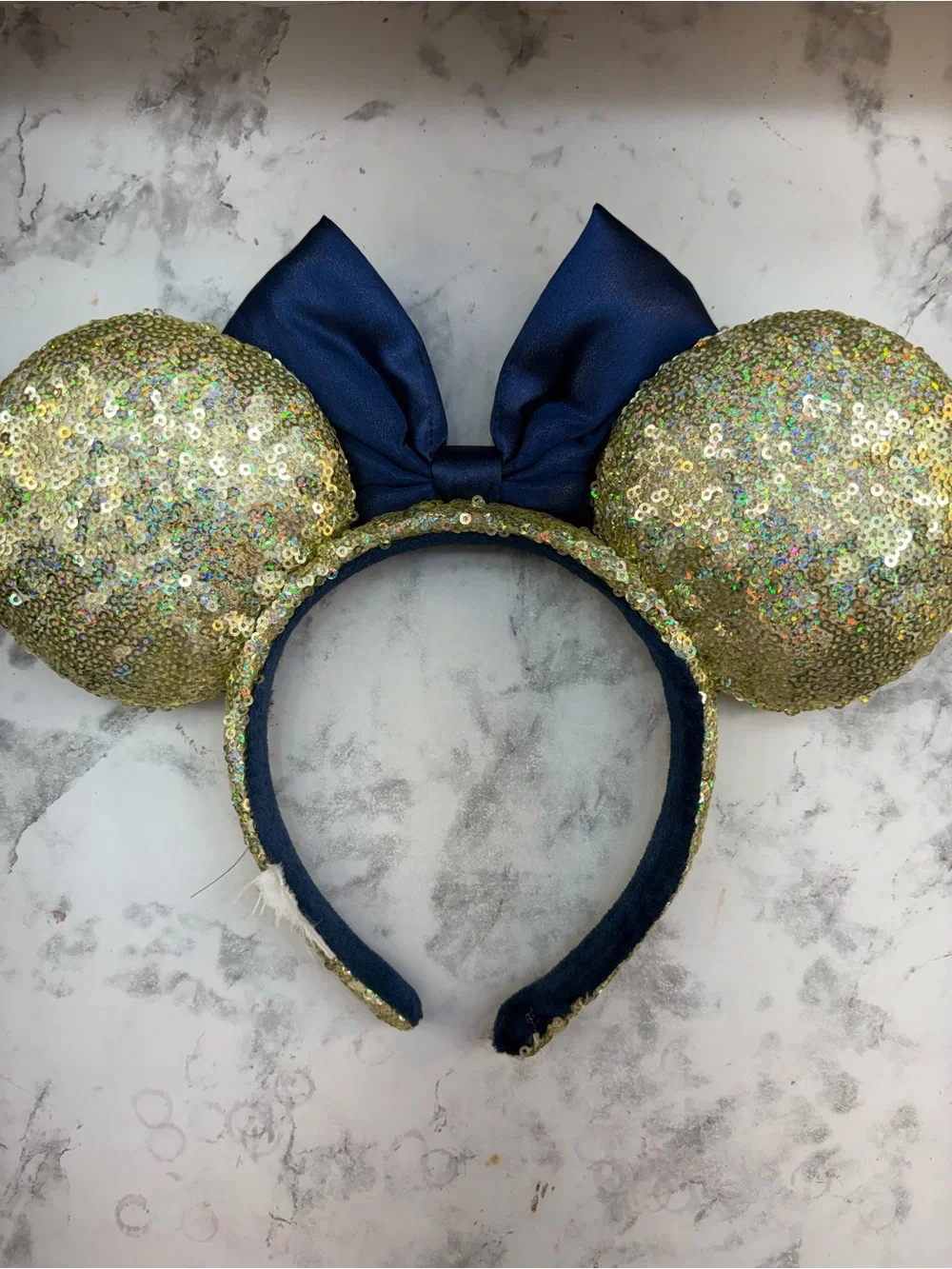 Gold Sequin Minnie Ears Headband with Navy Bow